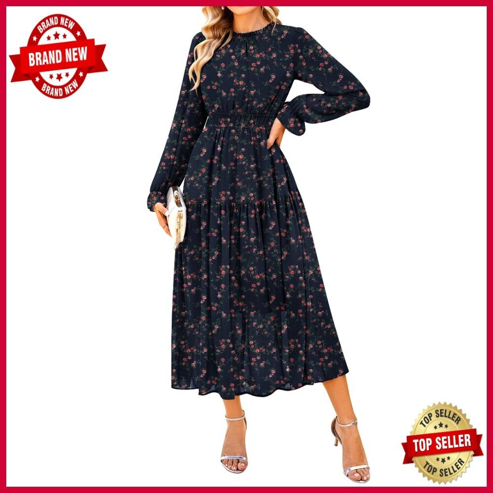 Long Sleeve Maxi Dress Chiffon Flowy Wedding Guest Formal Elegant Pockets